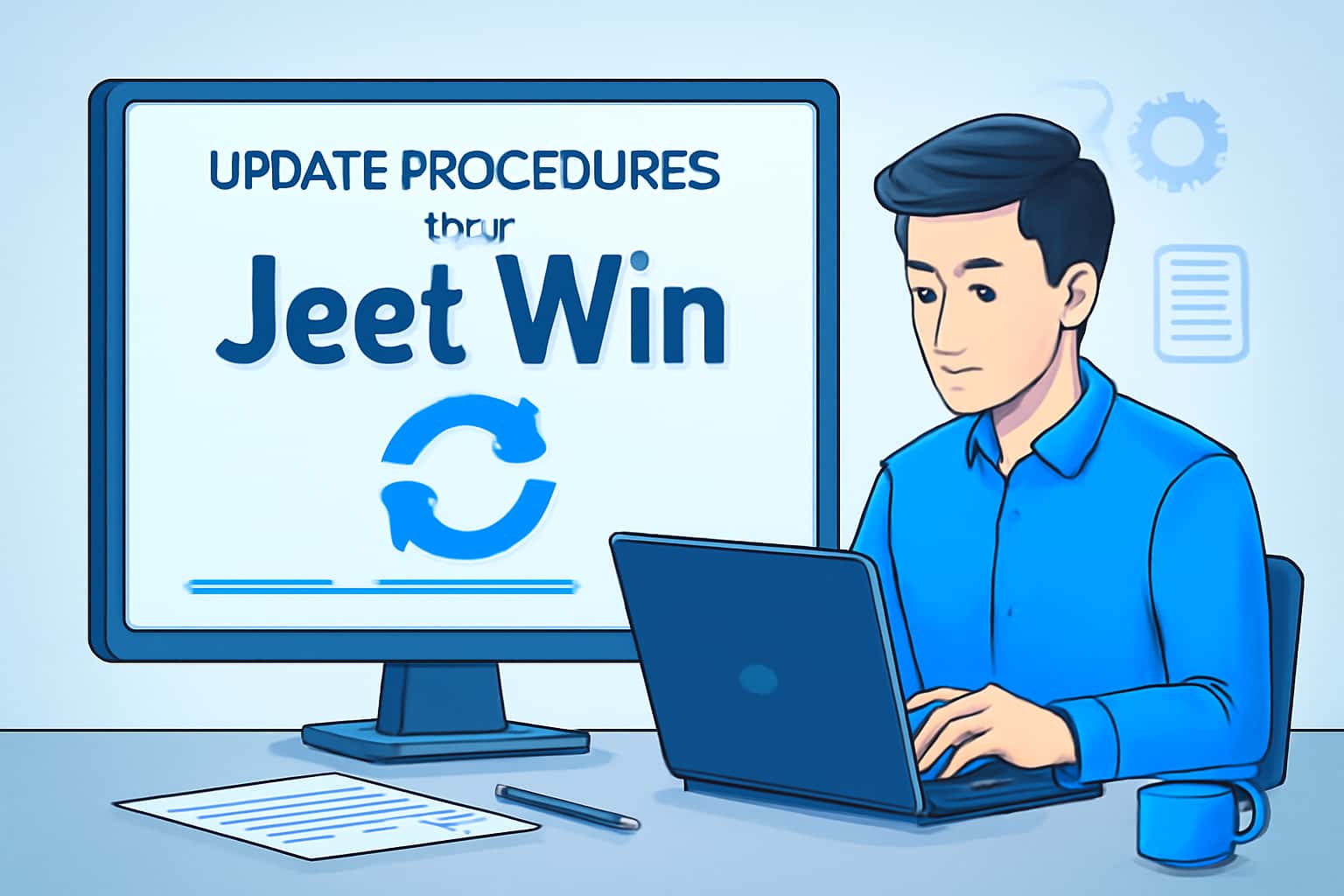 Informational scene illustrating the update procedures for Jeet Win.